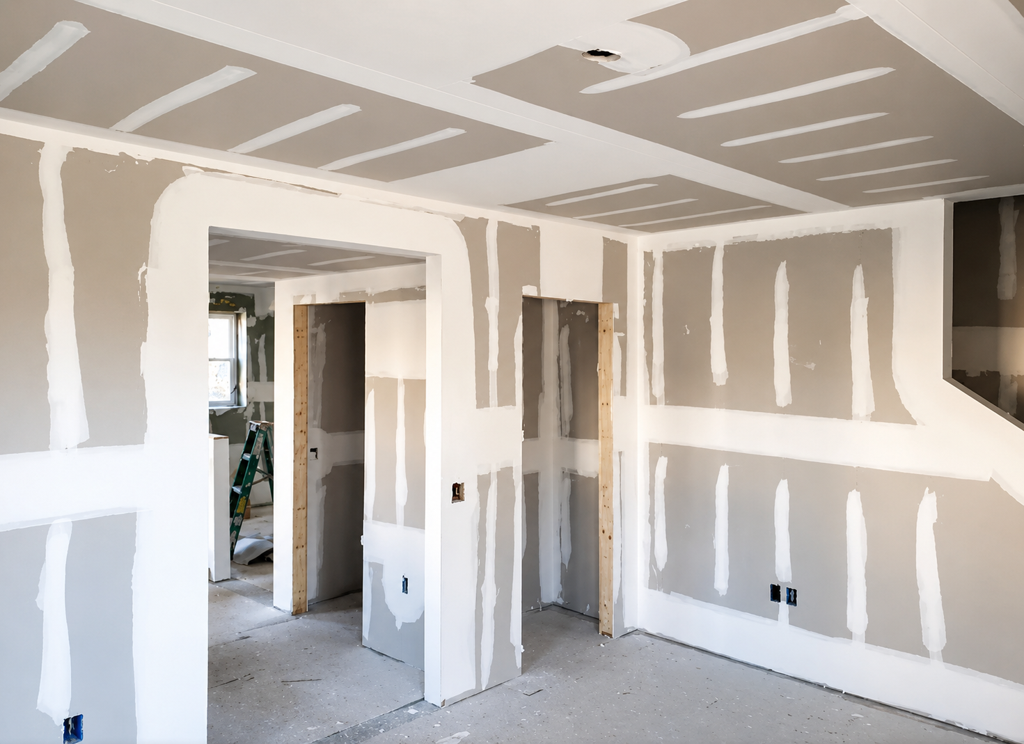 Drywall installation with taped and finished seams