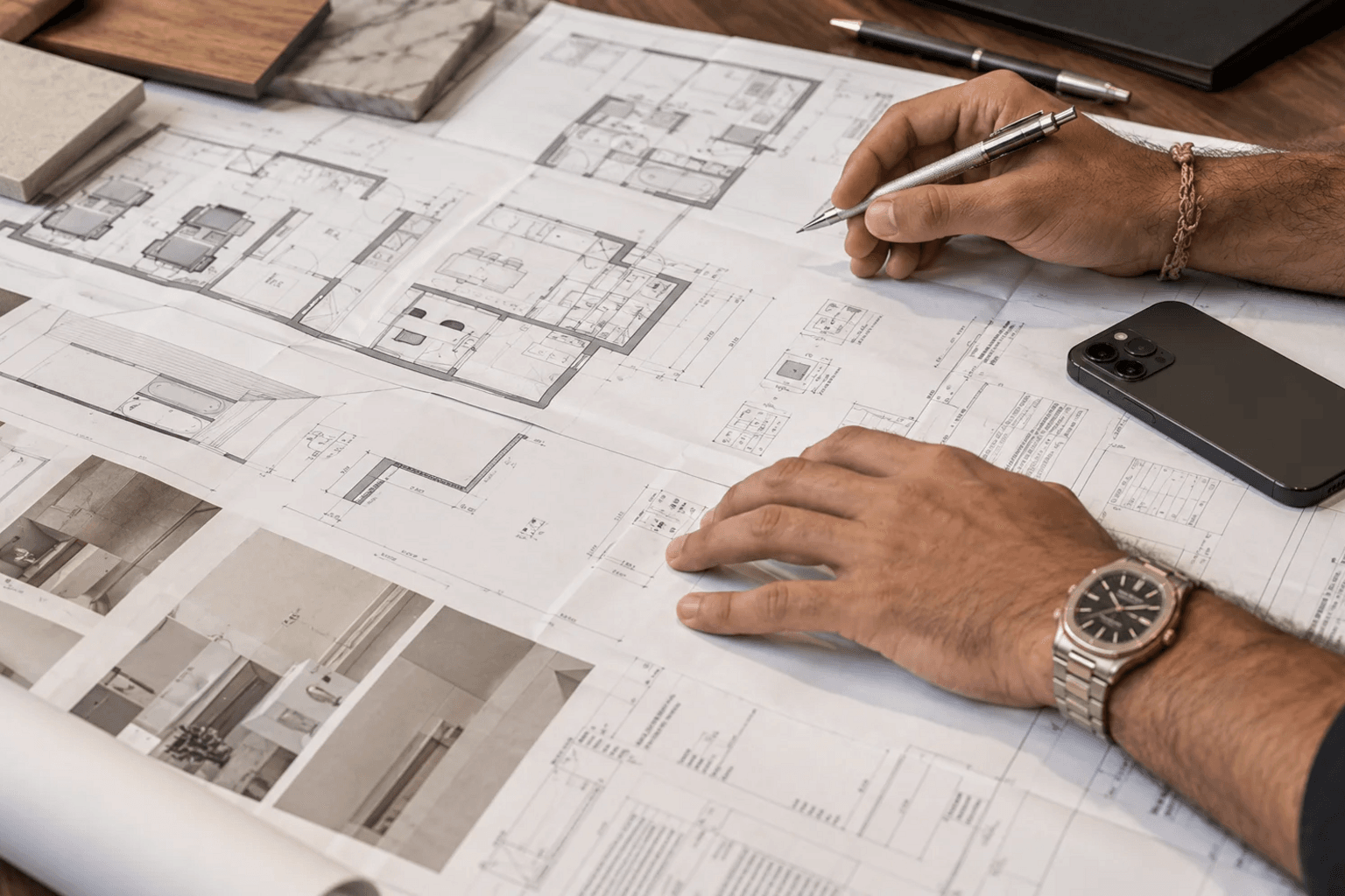 Close-up hands reviewing architectural blueprints and floor plans for apartment renovation with material samples and smartphone