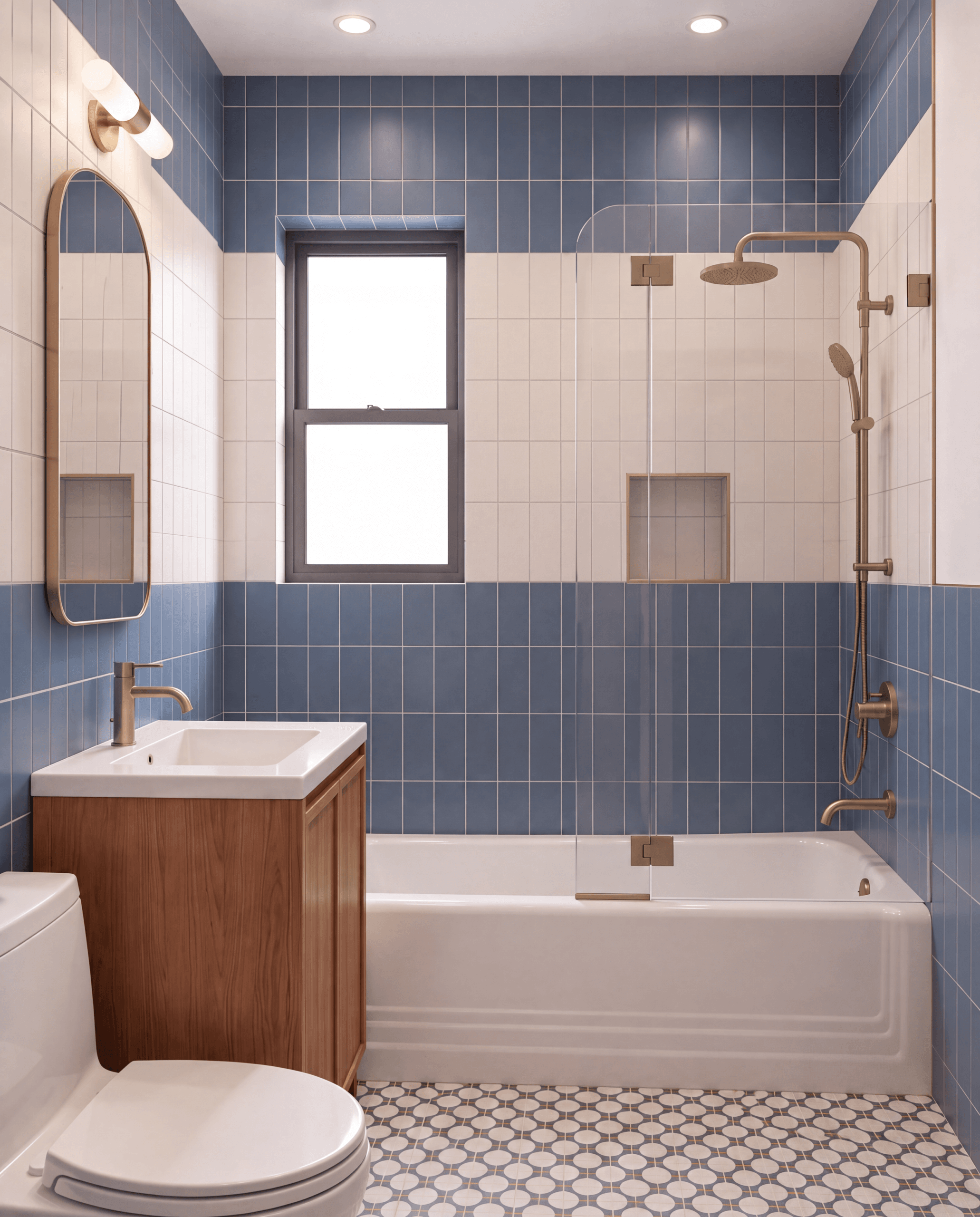 3D rendering of new bathroom layout and finishes for Forest Hills renovation