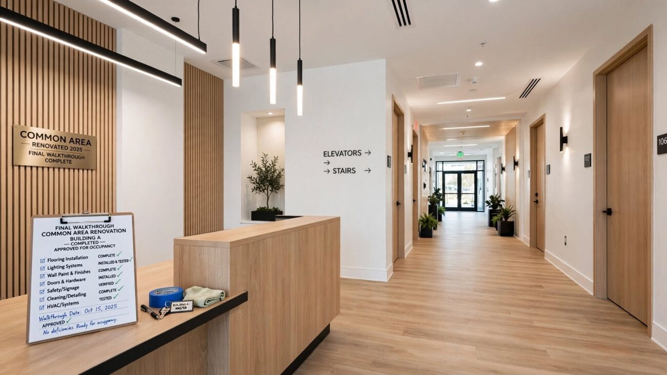 Completed lobby and hallway with modern lighting, light wood paneling, and clean finishes