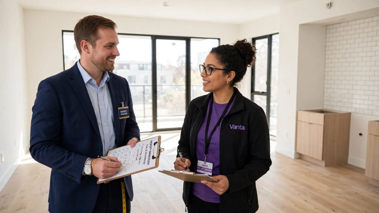 Property manager and Vanta project manager doing final quality control walkthrough in bright vacant apartment with clipboards, light oak floors