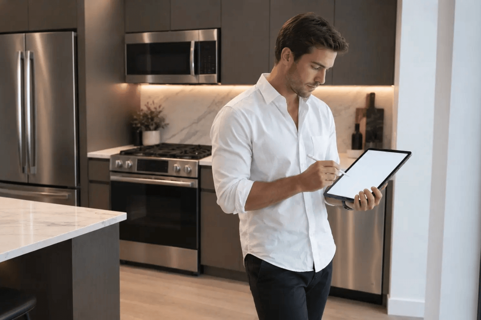 Man in white shirt holding tablet with stylus performing final walkthrough inspection in modern gray kitchen with stainless appliances