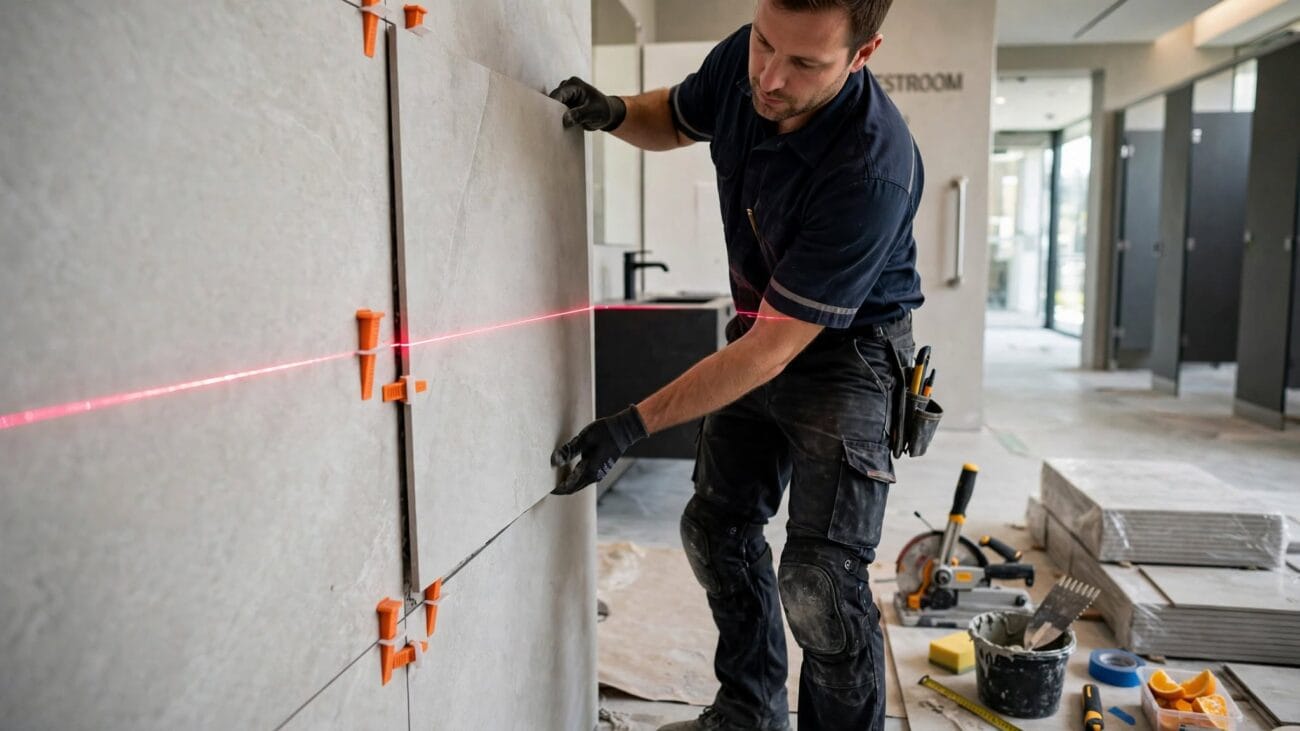 Close-up of professional installer laying large-format light gray porcelain tile with laser level and spacing wedges