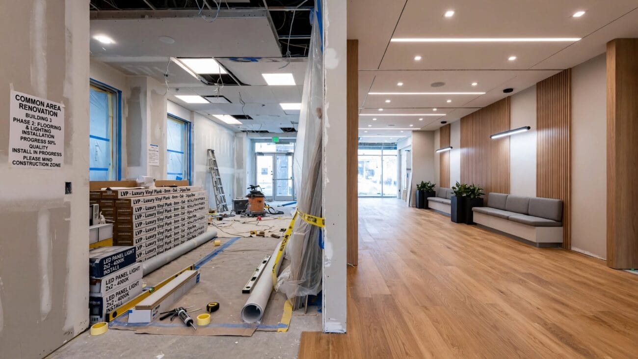 Lobby mid-renovation with partial vinyl plank flooring installed, new LED lighting, and work materials staged