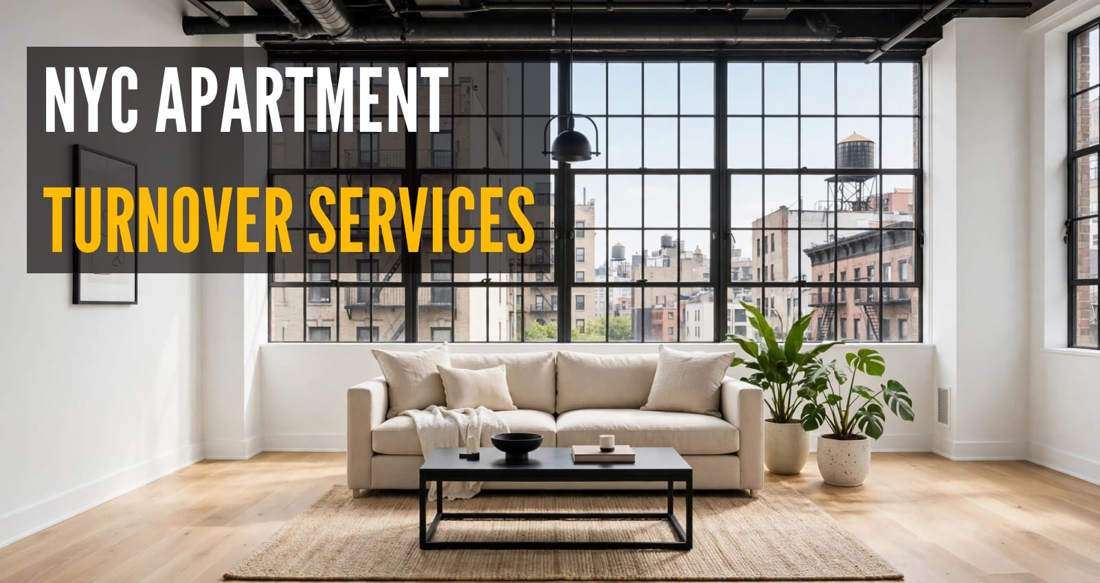 NYC apartment turnover services – renovated living room with city view