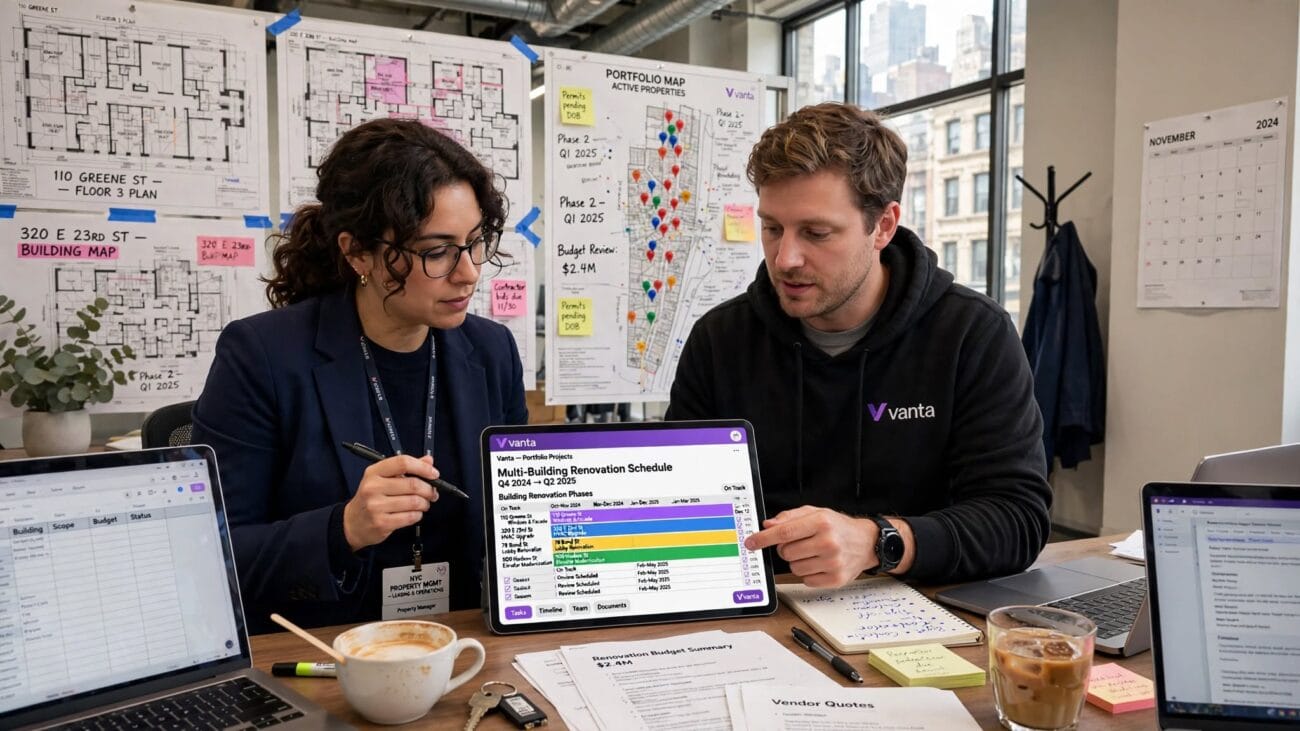 NYC property manager and Vanta project manager reviewing multi-building renovation schedule on tablet in leasing office with floor plans and portfolio maps on wall
