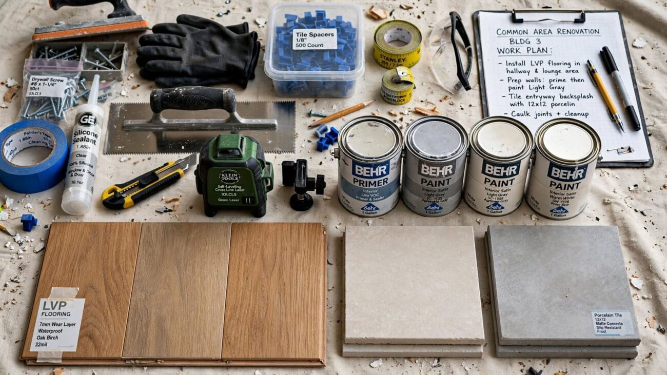 Vinyl plank, porcelain tile, and wood slat samples with paint cans, a laser level, and tools for a common area renovation