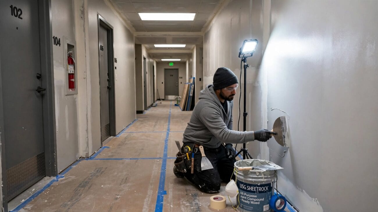 Skilled worker applying final skim coat to drywall in wide multifamily hallway, floors protected, LED work light