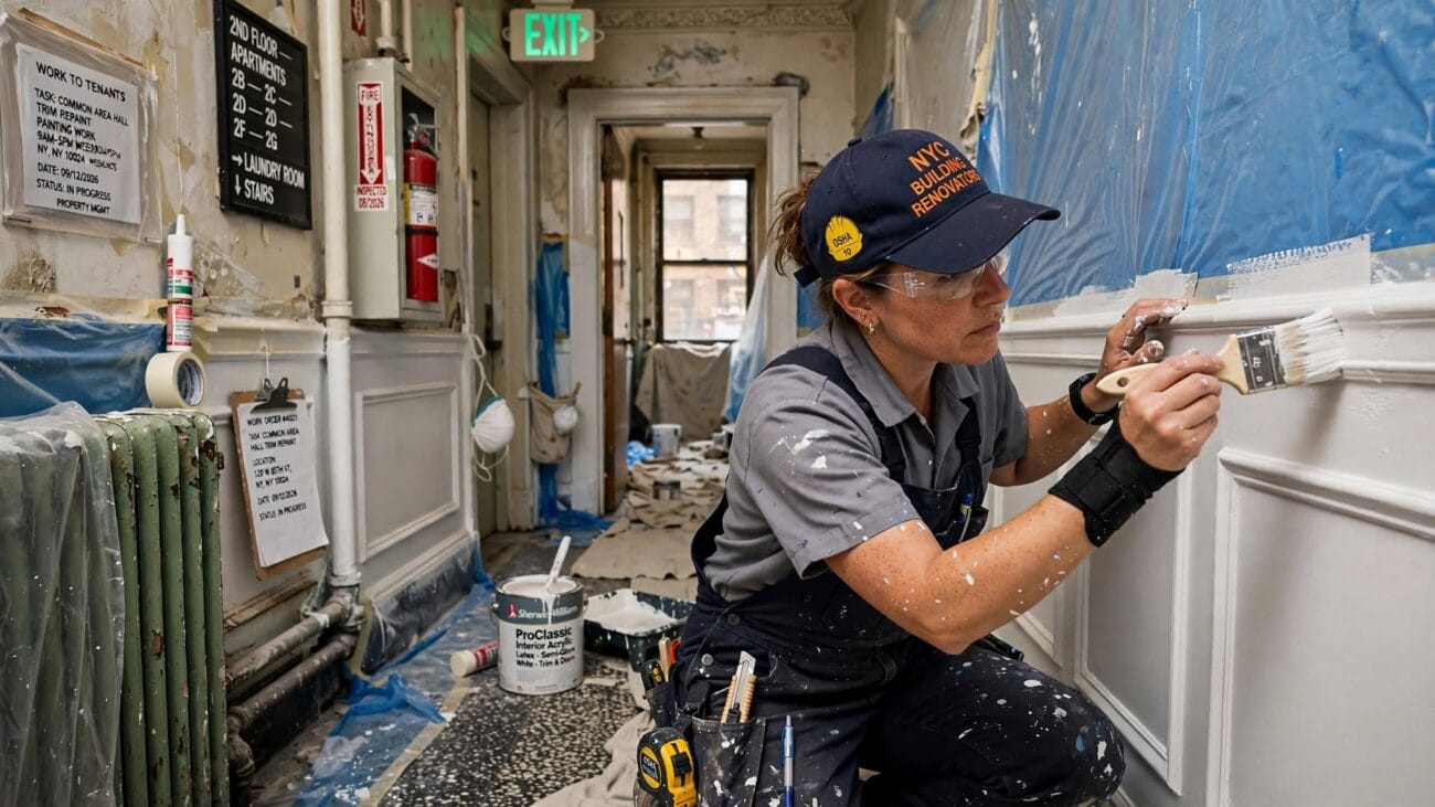 Common area renovation for buildings: worker repainting trim in a building corridor