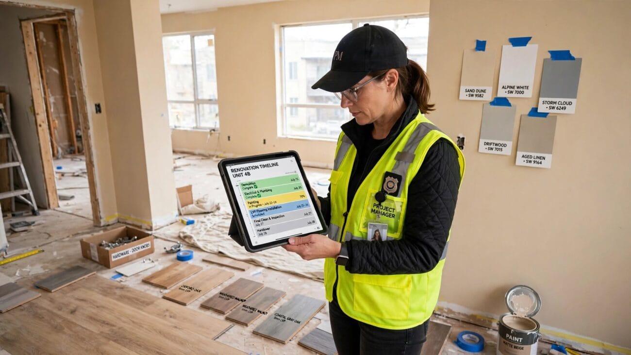 Project manager checking renovation timeline on tablet inside vacant unit with paint swatches taped to wall