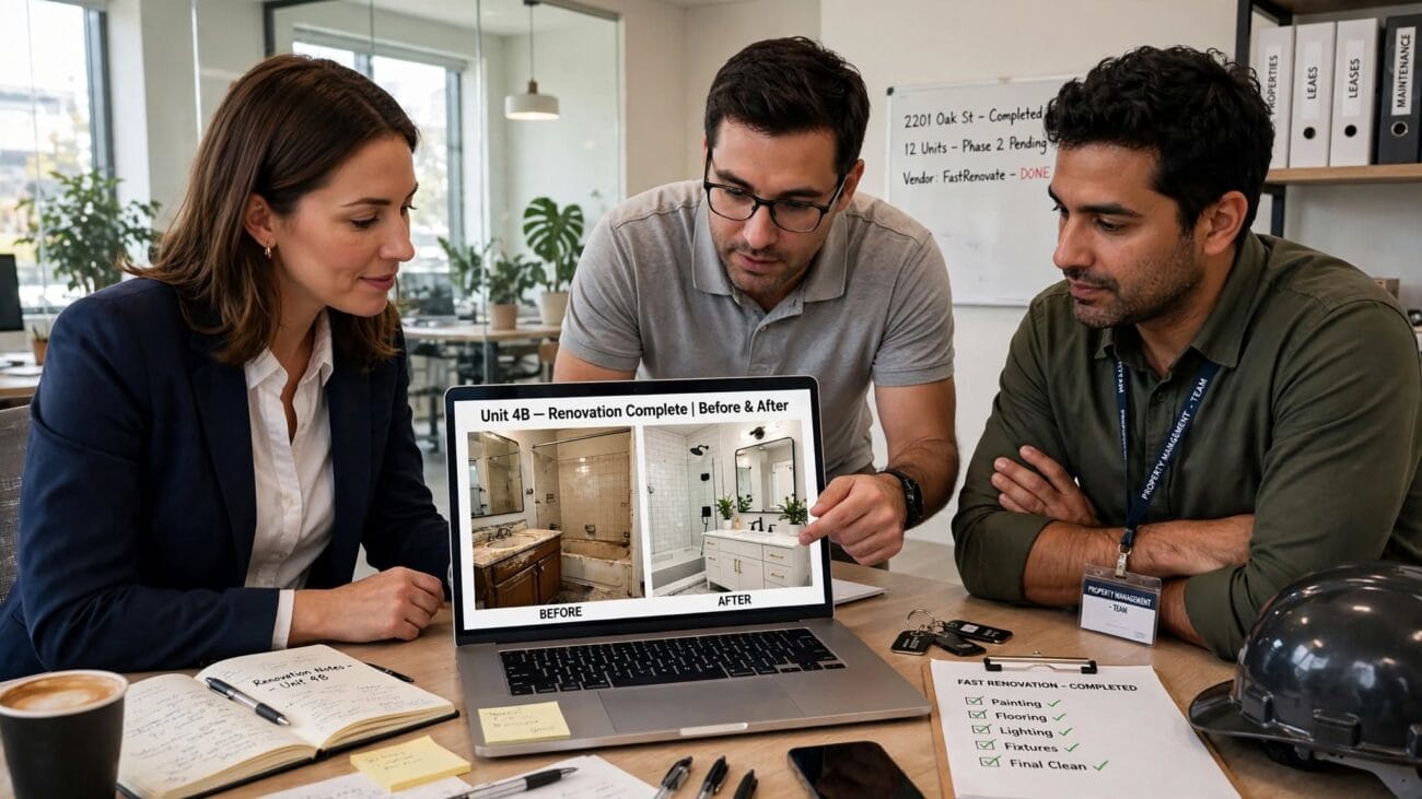 Property management team reviewing completed fast renovation before and after photos on laptop in office