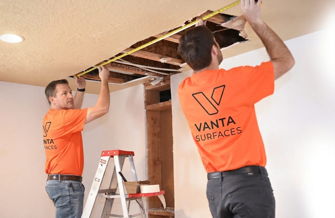 Two workers in orange Vanta Surfaces shirts measuring ceiling drywall opening with yellow tape measure on ladder