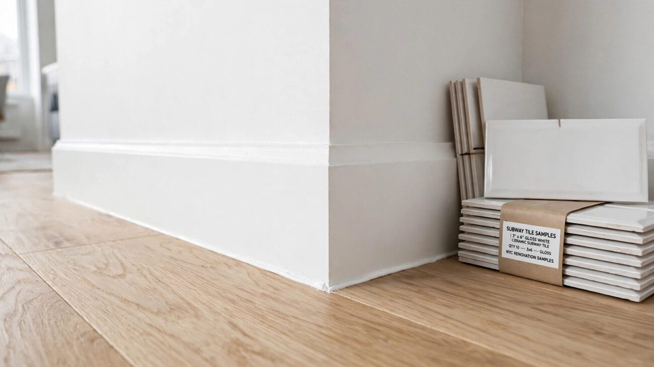 Flush baseboard and hardwood flooring with subway tile samples during apartment turnover