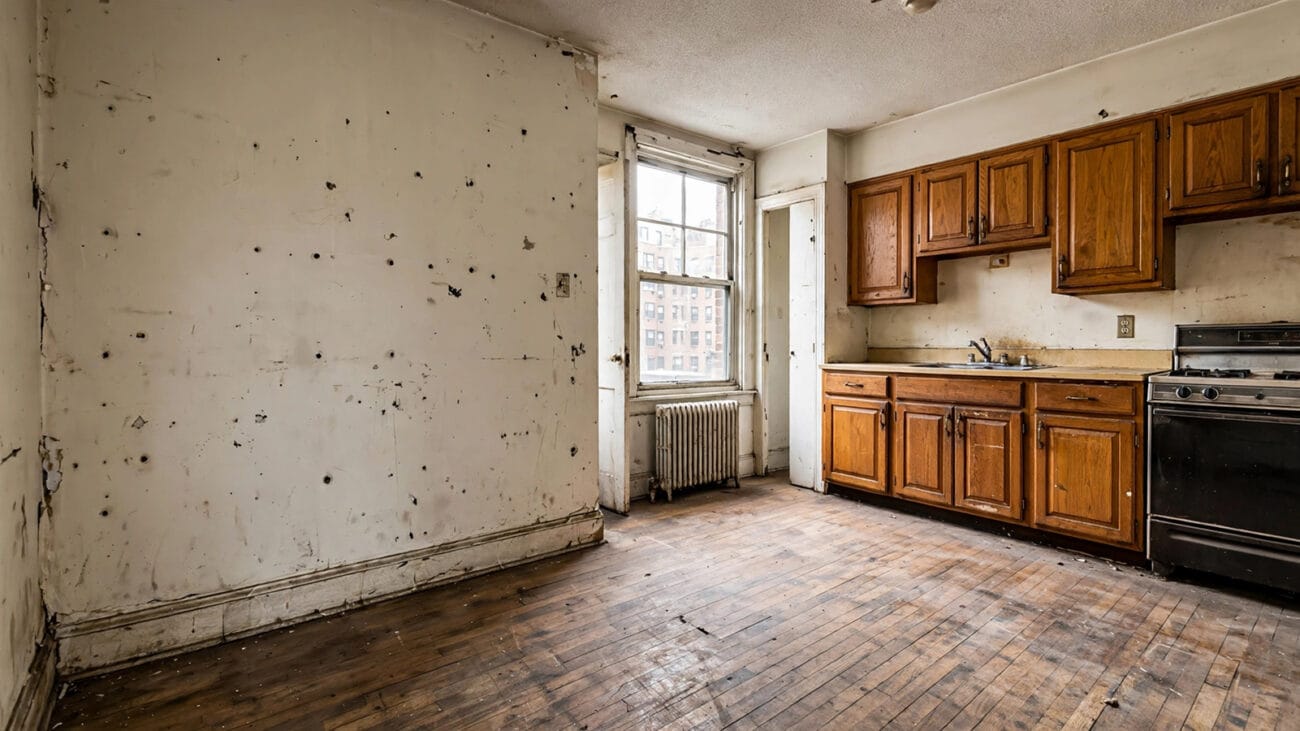 Vacant NYC apartment before turnover with damaged walls and dated kitchen