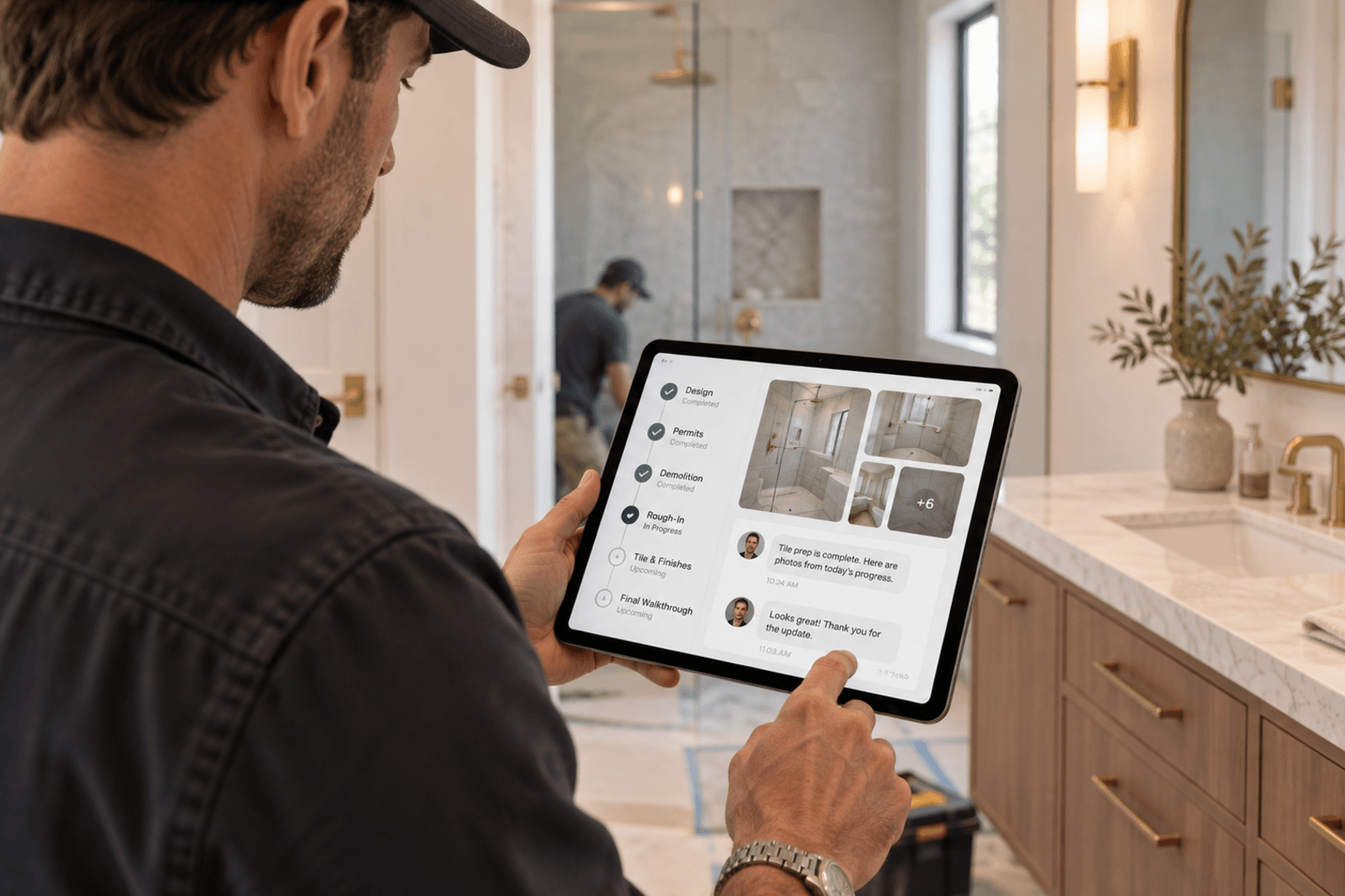 Contractor holding tablet showing renovation progress app with Design Permits Demolition Rough-In Tile Final Walkthrough checklist and bathroom photos