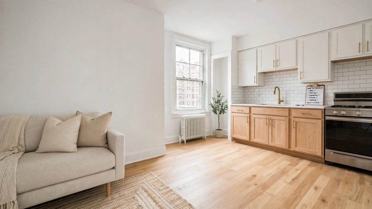 NYC apartment after turnover with new cabinetry, subway tile, and refinished floors